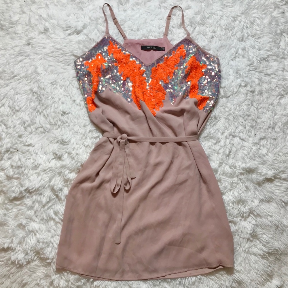 Blush Dress with Sequin Detailing, Tie Belt